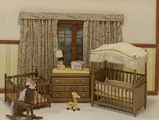 Vtg Dollhouse Miniature 1:12 Wood Baby Nursery Bedroom Furnitures Set