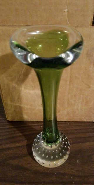 Hand Blown Art Glass Green & Clear Controlled Bubbles Bud Vase 7.  25” Tall
