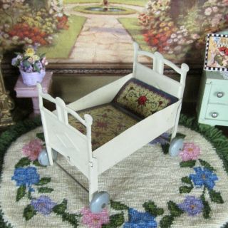 Antique 1910s - 20s Tin Litho Baby Doll Bed Vintage Dollhouse Nursery Crib Metal