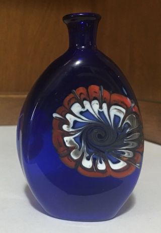 Vintage Small Hand Blown Cobalt Blue Glass Flowers Bottle