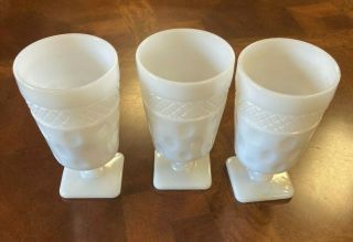 Vintage White Milk Glass Footed Goblets / Tumblers With Oblong & Diamond Pattern