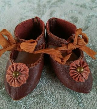Antique Front Tie Leather Shoes For German Or French Bisque Head Doll French