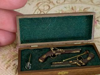 Vintage Miniature Dollhouse Artisan Signed Wood Box Pair Old Fashioned Pistols
