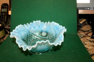 Vintage Blue Opalescent Ruffle Glass Candy Dish Or Bowl 8 " Diameter X 3 " High