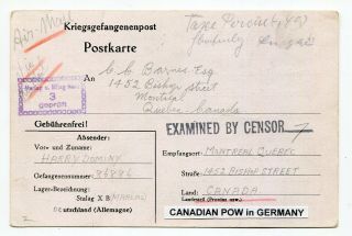 Canada / Germany 1941 Canadian Pow In Germany - Censor Card To Montreal,  Quebec