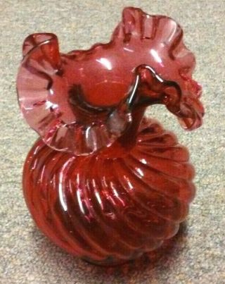 Vintage Fenton Cranberry Swirled Glass Ruffled Top Vase 6 In Tall