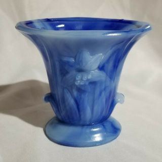 Vintage Akro Agate Lily Vase Blue White Slag Glass 4.  5 "