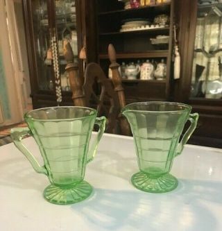 Vintage Green Depression Glass Open Sugar And Cream Set,  Pattern??