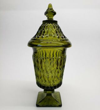 Vintage Indiana Glass Mt.  Vernon Pattern Olive Green Pedestal Candy Dish W/ Lid