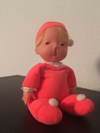 Vintage 1970 Mattel Baby Beans Yawning Doll In Neon Orange Outfit Baby