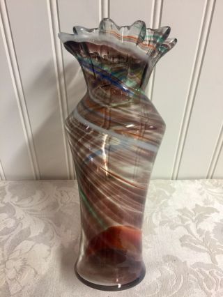 Vtg Hand Blown Glass 8” Vase Brownish Purple - Orange - Blue Swirl Ruffle Top