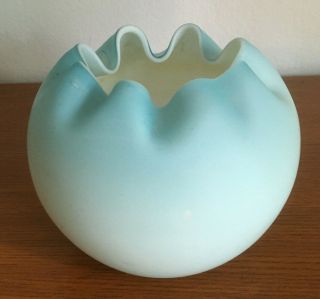 Antique Vtg Blue White Cased Satin Glass Rose Bowl Vase.  Crimped Ruffle Edge