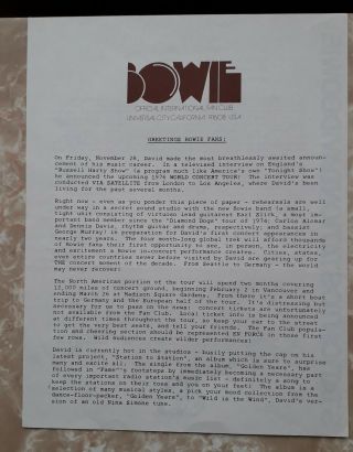 Bowie Fan Club Letter Greetings Bowie Fans 1973 Official