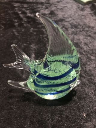 Art Glass Angel Fish Paperweight Hand - Blown Clear Green And Blue