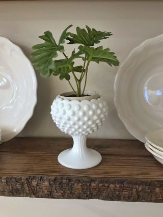 Footed Ivy Ball Vase Hobnail Milk Glass.  Vintage Stem Ware