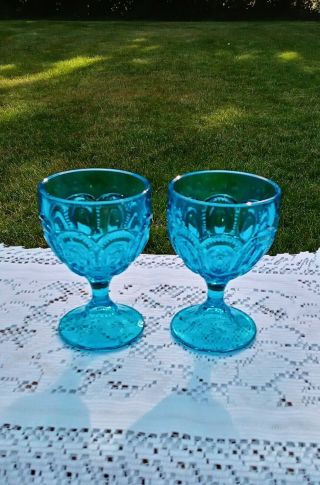 Vintage 2 L.  E.  Smith Blue Glass Moon And Stars 5 Inch Dessert Goblet