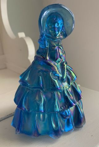 Vtg Glass Irridescent Blue Aqua Southern Belle Woman Figurine Fenton Indiana