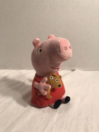 Peppa Pig Plush Toy By Ty Beanie Doll 8 " Holding Teddy Bear With Red Dress Sits