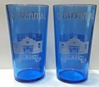 2 Vintage Cobalt Blue 4 Oz Juice Glass Texas Alamo Centennial 1836 - 1936 Glasses