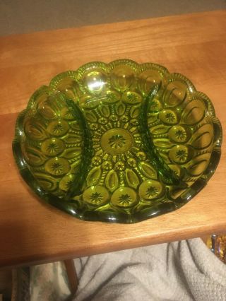 Vintage Le Smith Green Glass Moon And Stars Divided Relish Serving Or Candy Dish