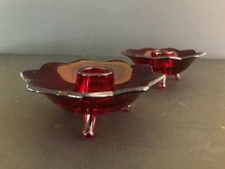 2 Vintage Fenton Ruby Red 3 Footed Lotus Glass Candle Holders 4 1/2 "