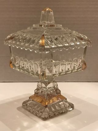 Vintage Jeanette Glass Square Pedestal Candy Dish Wedding Cake Box Clear Gold Tr