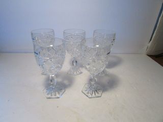 Vintage Set Of 5 Five Abp Cut Glass Crystal Hobstar Diamond Goblet Glasses