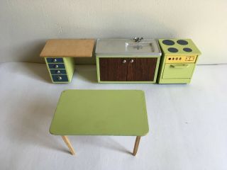 Very Rare Vintage Lundby Dollhouse Green Kitchen Set 1970 - 71 Vgc