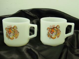 2 Vintage Fire King Esso Exxon Tiger In Your Tank Tony Coffee Mugs - Great Color