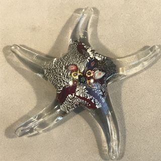 Pv04830 Vintage Murano (?) Glass Starfish Paperweight - Red,  Silver & Millefiori