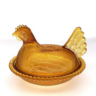 Vintage Indiana Glass Amber Hen Chicken On Nest Candy Bowl Dish Depression 7x6 "