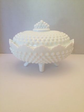 Vintage Fenton Hobnail Milk Glass Footed Oval Candy Dish W/lid