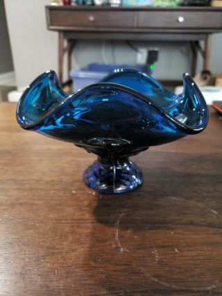 Vintage Mid Century Modern Viking Art Glass Dark Blue Bowl Or Dish.  Orig Sticker