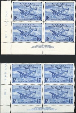 Canada,  1946.  Air Mail Special Delivery Ce1 - 2,  Plate Blocks,