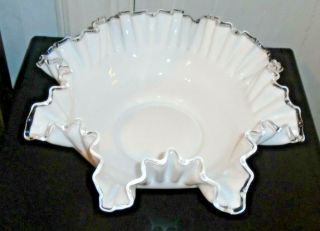Vintage Large Fenton White Milk Glass Silver Crest Bowl Clear Ruffle Edge 13/14