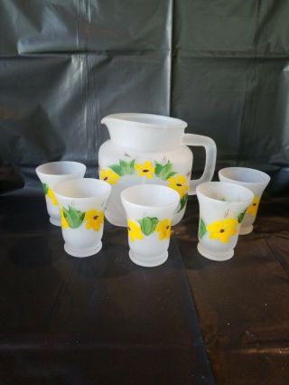 Vtg Yellow Juice Pitcher Glass Set Hazel Atlas Frosted Glass Hand Painted Flower