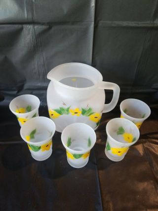 Vtg Yellow Juice Pitcher Glass Set HAZEL ATLAS Frosted Glass Hand Painted flower 2