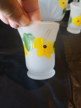 Vtg Yellow Juice Pitcher Glass Set HAZEL ATLAS Frosted Glass Hand Painted flower 3