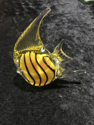 Art Glass Angel Fish Paperweight Hand - Blown Clear Yellow With Stripe