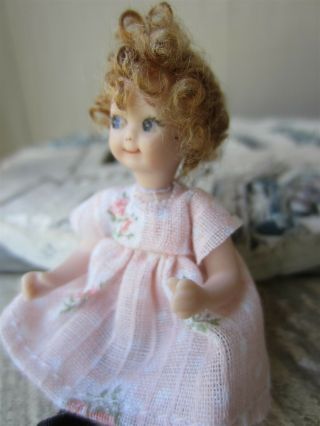 Artisan Ooak Dollhouse Miniature 2 3/4 " Porcelain Little Girl Curly Hair Doll