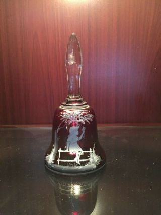 Antique Vintage Cranberry Enamel Art Glass Bell Mary Gregory Style