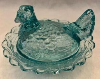 Vintage Mosser Miniature Aqua Glass Hen On Nest Chick Salt Dish