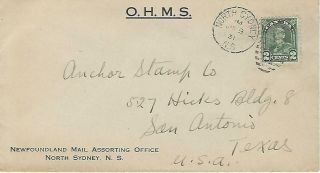 Newfoundland Official Cover From Newfoundland Mail Sorting Office,  North Sydney