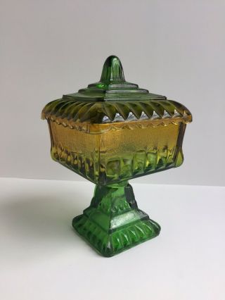 Vintage Green And Gold Pedestal Candy Dish With Lid