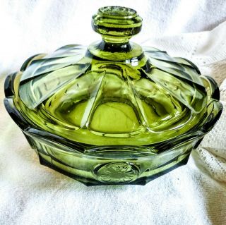 Vintage Fostoria Glass Olive Green Candy Dish With Lid Patriotic Coin Dot Usa