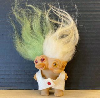 Vintage 1965 Uneeda 2 Headed Troll Doll W/ Outfit Lime Green White Hair