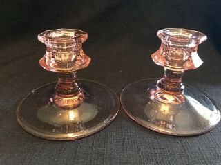Pair Vintage Pink Depression Glass Candle Holders 3 3/8 " Tall