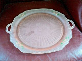 Vtg Pink Depression Glass Frosted Satin Serving/cake Plate W/hand Painted Flower