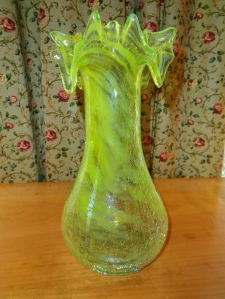 Awesome Vintage Hand Crafted Swirled Fluorescent Green Crackle Glass Vase