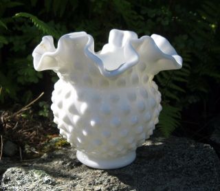 Vintage Fenton Hobnail Milk Glass Vase With Ruffled Edge